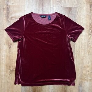 Lands' End Women's 90s Burgundy Velvet Top Petite Medium Short Sleeve Dressy